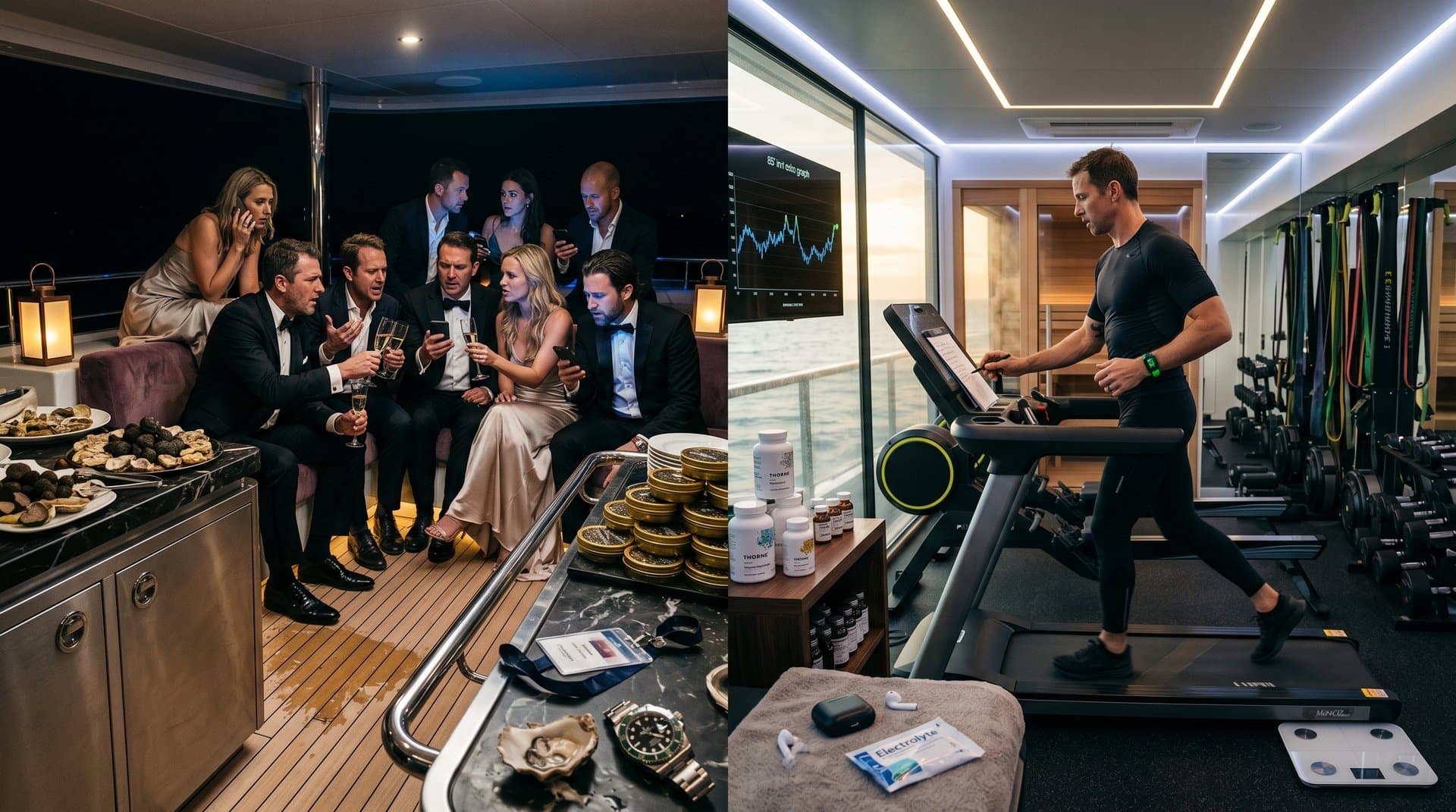 Split scene of yacht party excess versus biohacker gym routine with crypto elements and aging hourglass