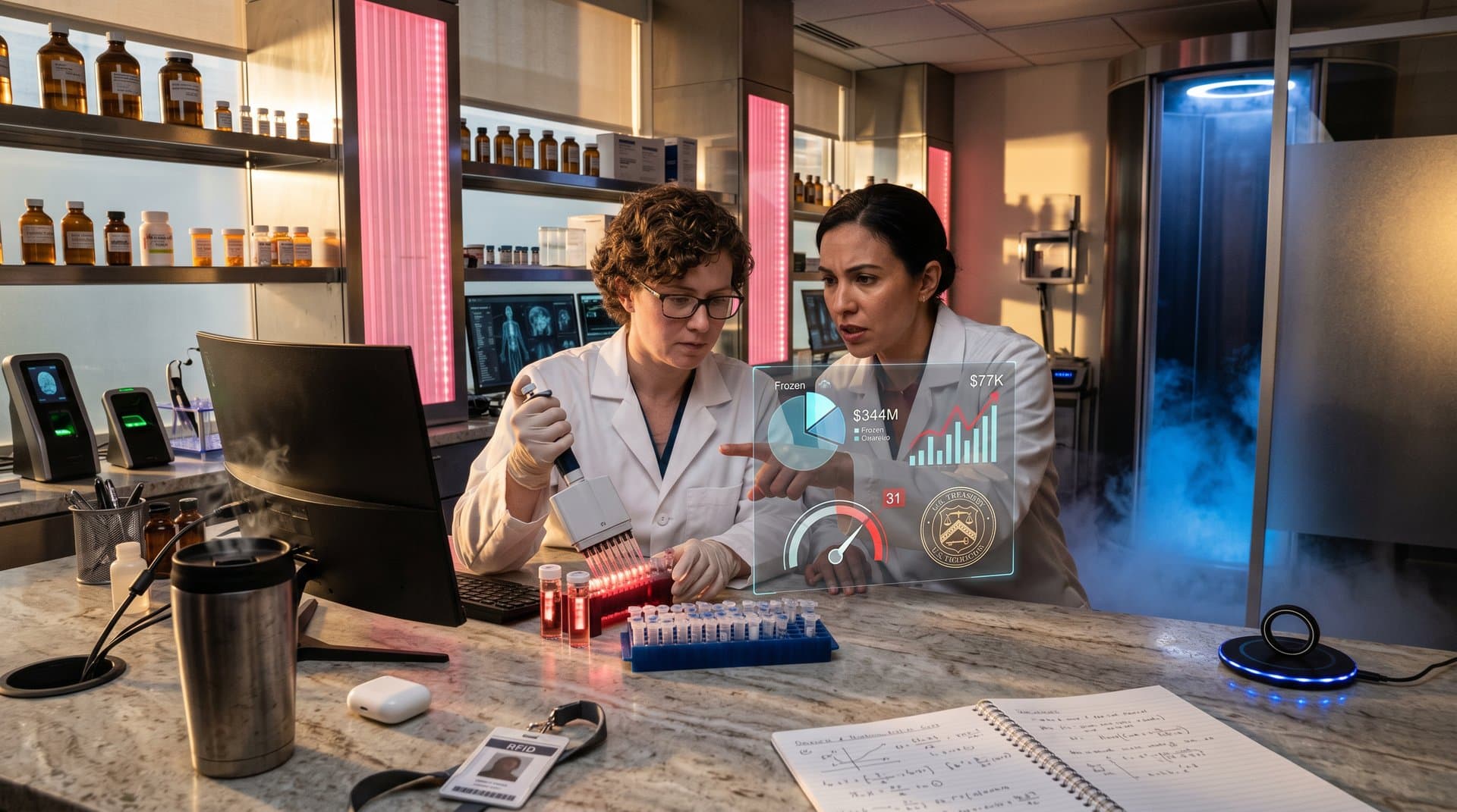 Biohacker lab with holographic Iran crypto freeze alerts, sanction charts, NAD+ vials, and wearables
