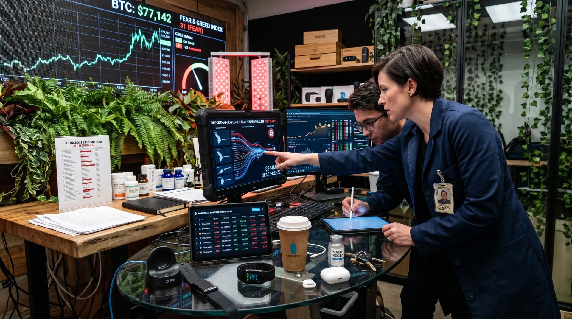 Biohacking lab team analyzes US crypto sanctions Iran impact on blockchain data with longevity devices and market charts
