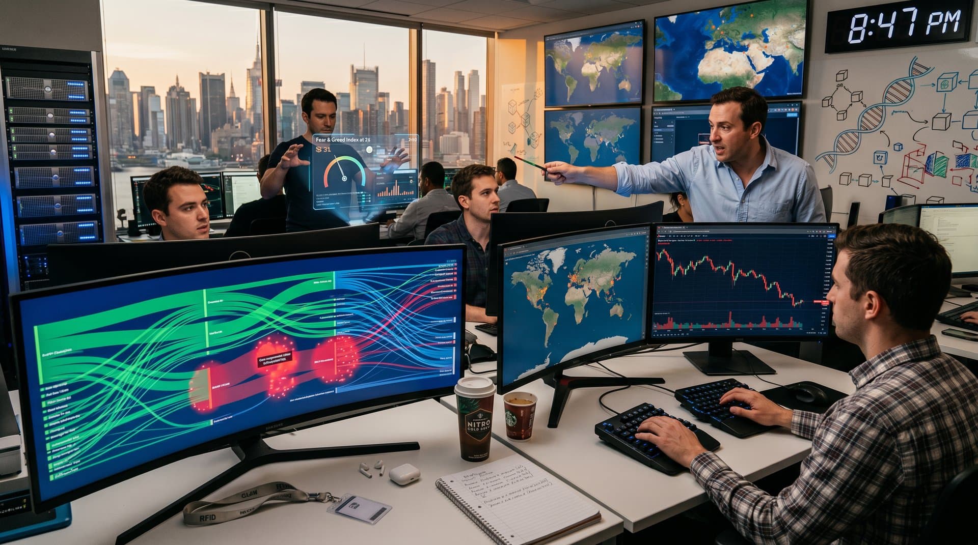 Blockchain analysts trace sanctioned Iran wallet flows on monitors in high-tech operations center