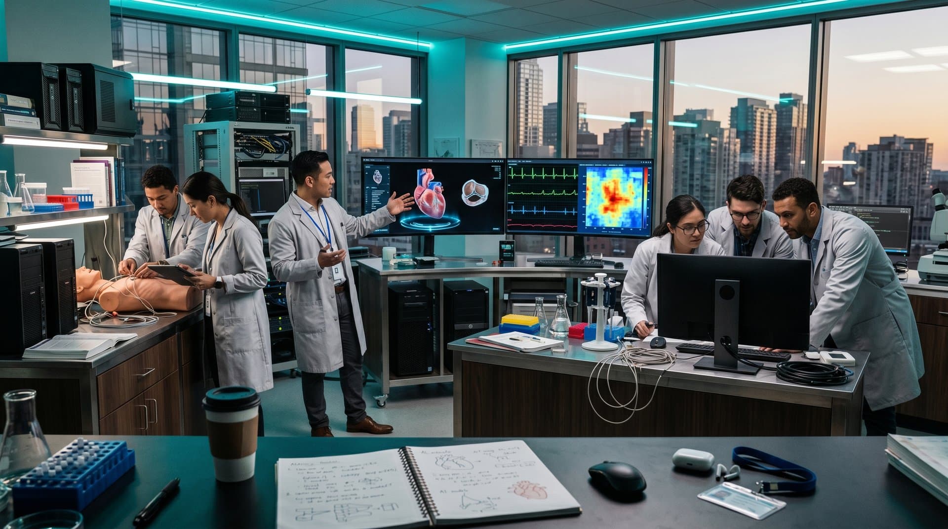 AI-enhanced heart scans on multi-monitor setups in high-tech cardiology lab with glowing heatmaps