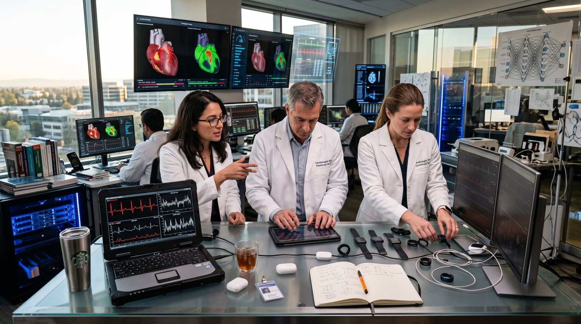 AI cardiology lab with 3D heart scans, wearables, and neural network displays in high-tech environment
