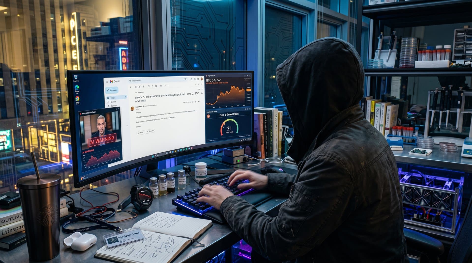 Biohacking desk with AI phishing email on screen amid crypto fear charts and longevity supplements