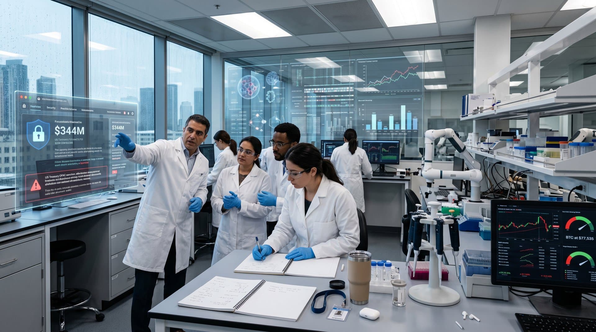 Biotech lab with blockchain sanctions overlay on stem cell research data amid US crypto freeze Iran assets