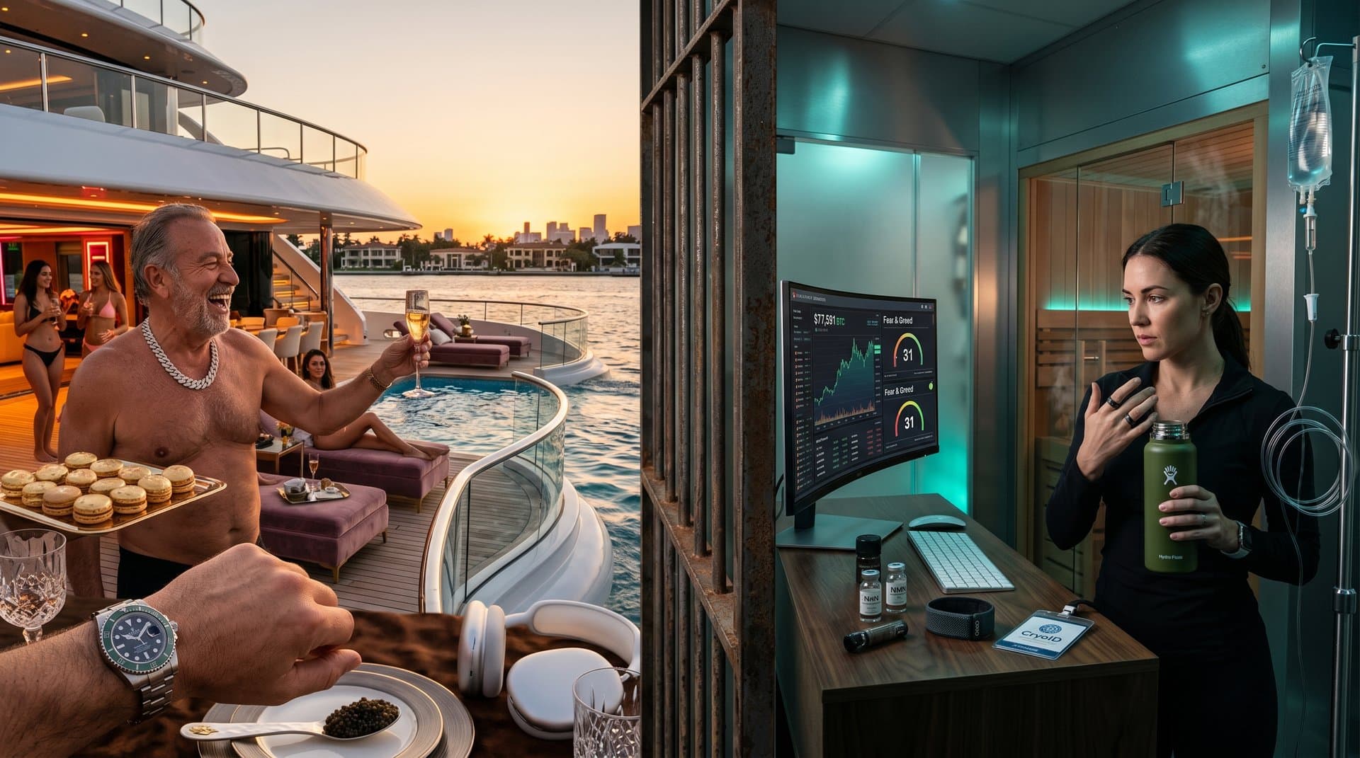 Split scene of crypto-funded luxury excess versus biohacking longevity setup with BTC charts and prison shadow