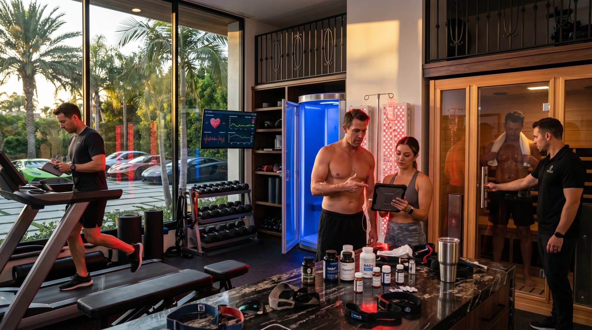 Luxury biohacking gym with cryotherapy, saunas, supplements, and ominous prison bars overlay amid crypto news headlines