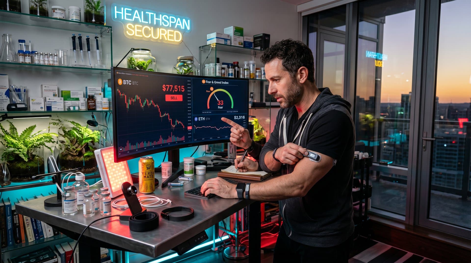 Biohacker monitors BTC at $77K and Fear Index 33 amid crypto volatility charts and longevity tech