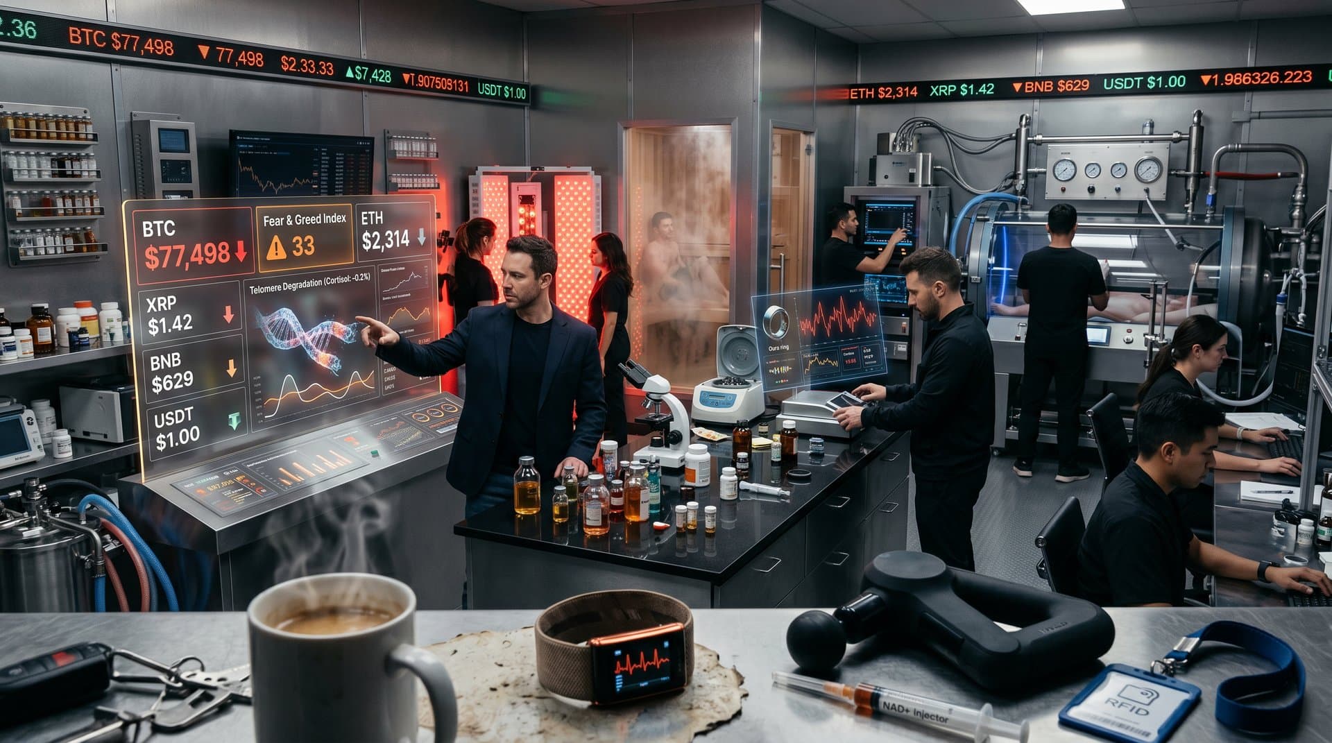 Biohacking dashboard shows BTC $77K crash, Fear Index 33, fading telomeres amid supplement vials in longevity lab