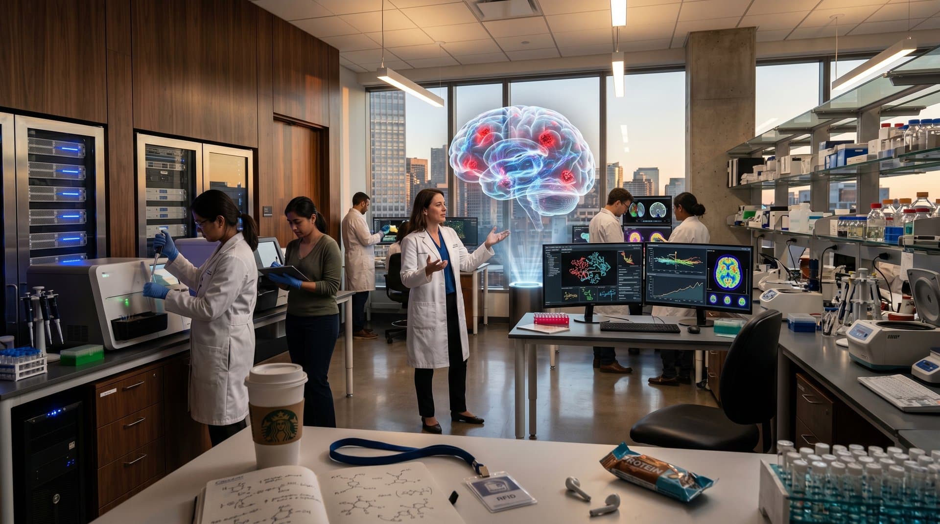 Holographic brain model with plaques and AI screens in futuristic neuroscience lab