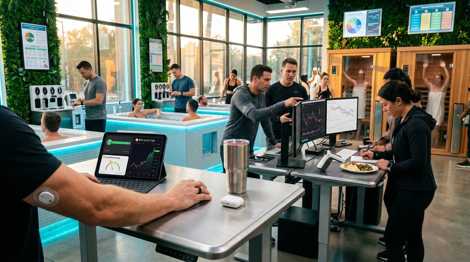 Biohackers track USDT stability and health metrics amid Fear & Greed 33 and BTC charts in modern clinic