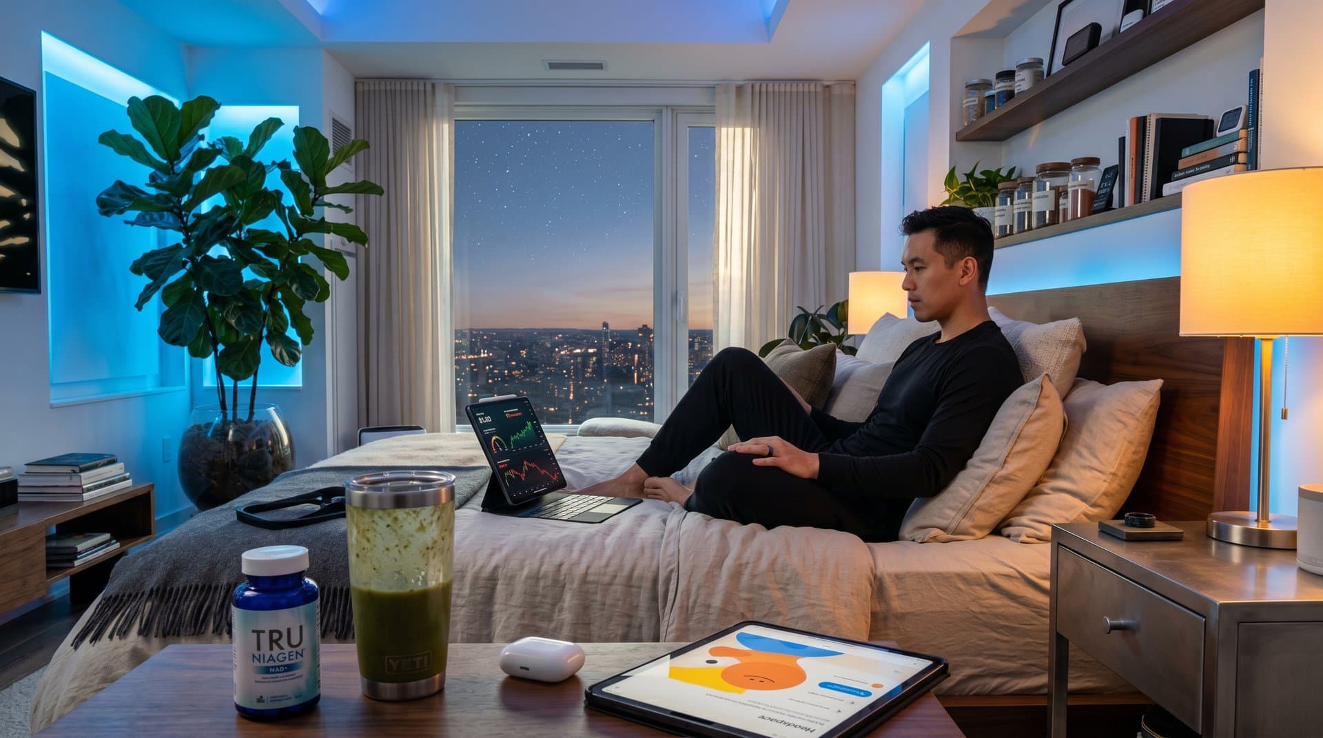 Biohacking bedroom with Oura Ring tracking sleep gains from USDT stability amid crypto fear, serene longevity scene