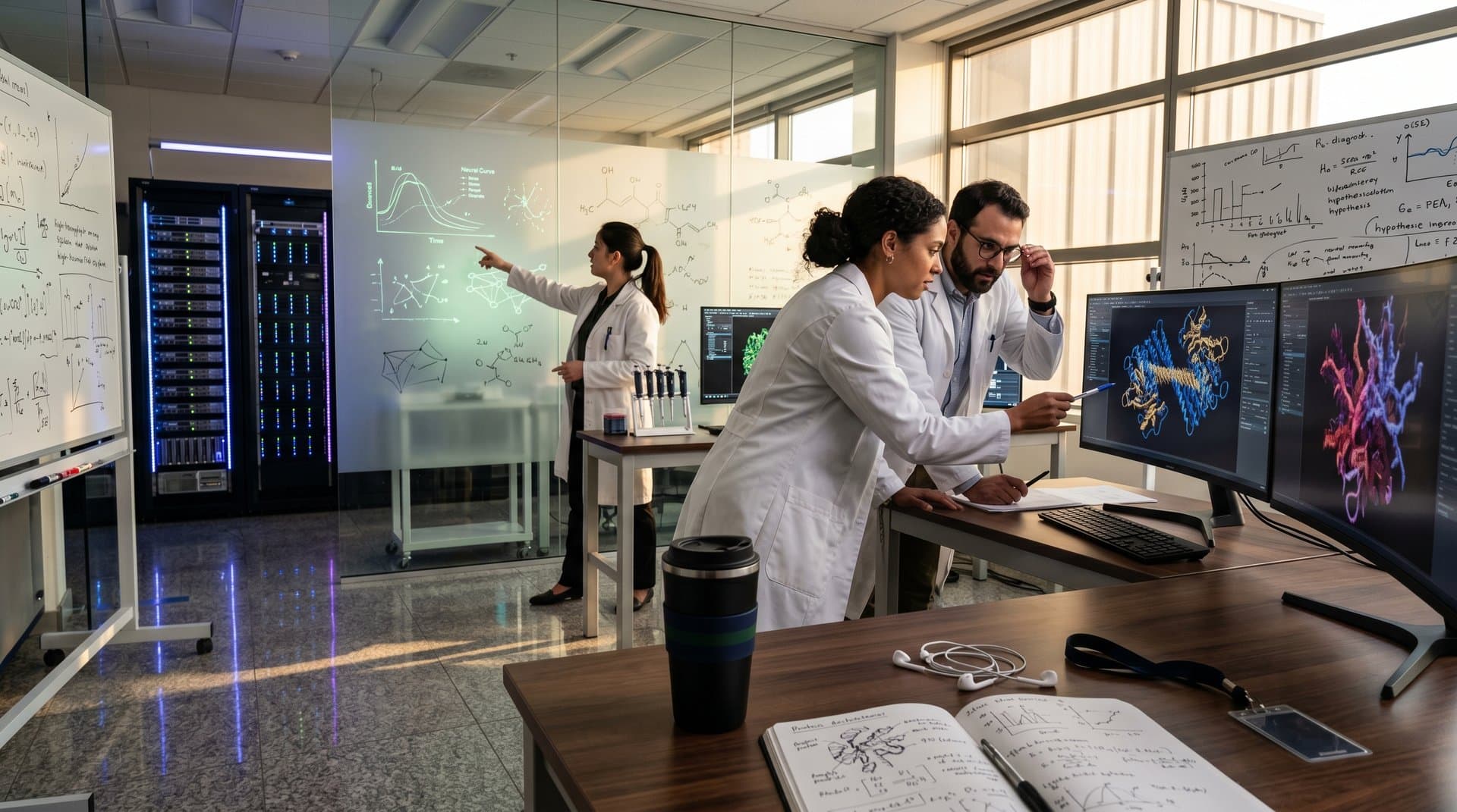 AI screens display rotating protein models of amyloid and tau in high-tech lab evoking Alzheimer's research innovation.