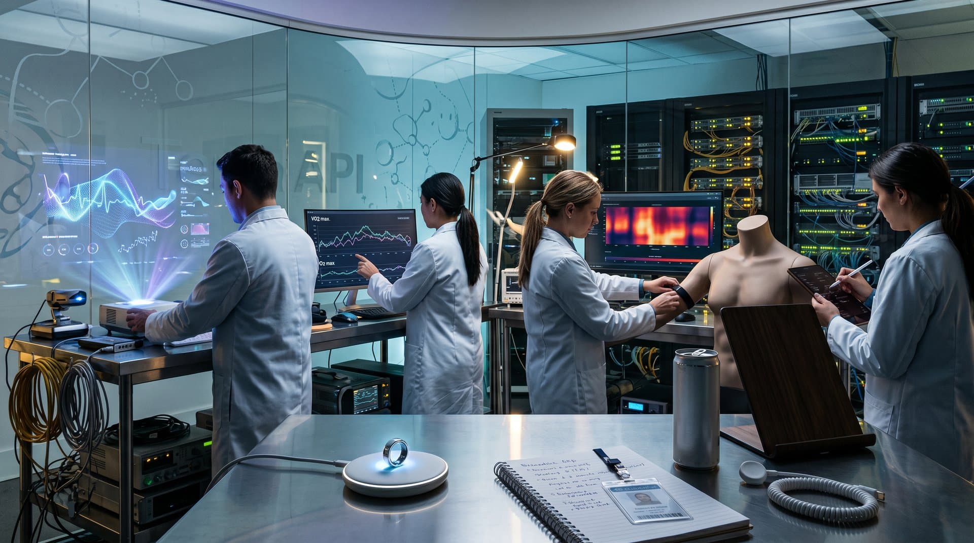 AI-driven longevity lab with Terra API screens visualizing 20+ wearables' HRV, VO2 max, and mortality risk biomarkers