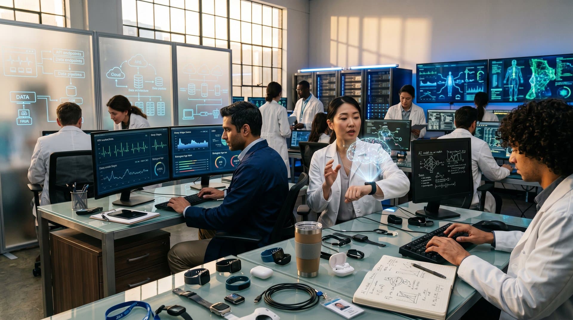 AI lab visualizing wearable health data for longevity analysis on advanced monitors