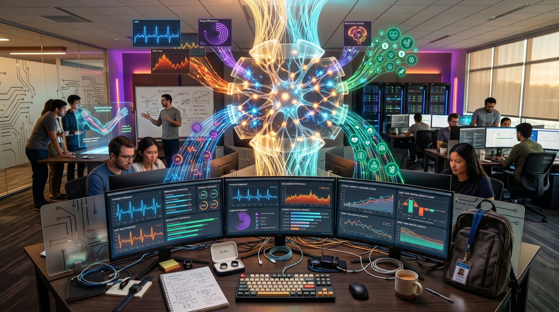 Visualization of AI-driven health data from wearables including HRV graphs and biomarkers on screens in modern longevity tech office setup