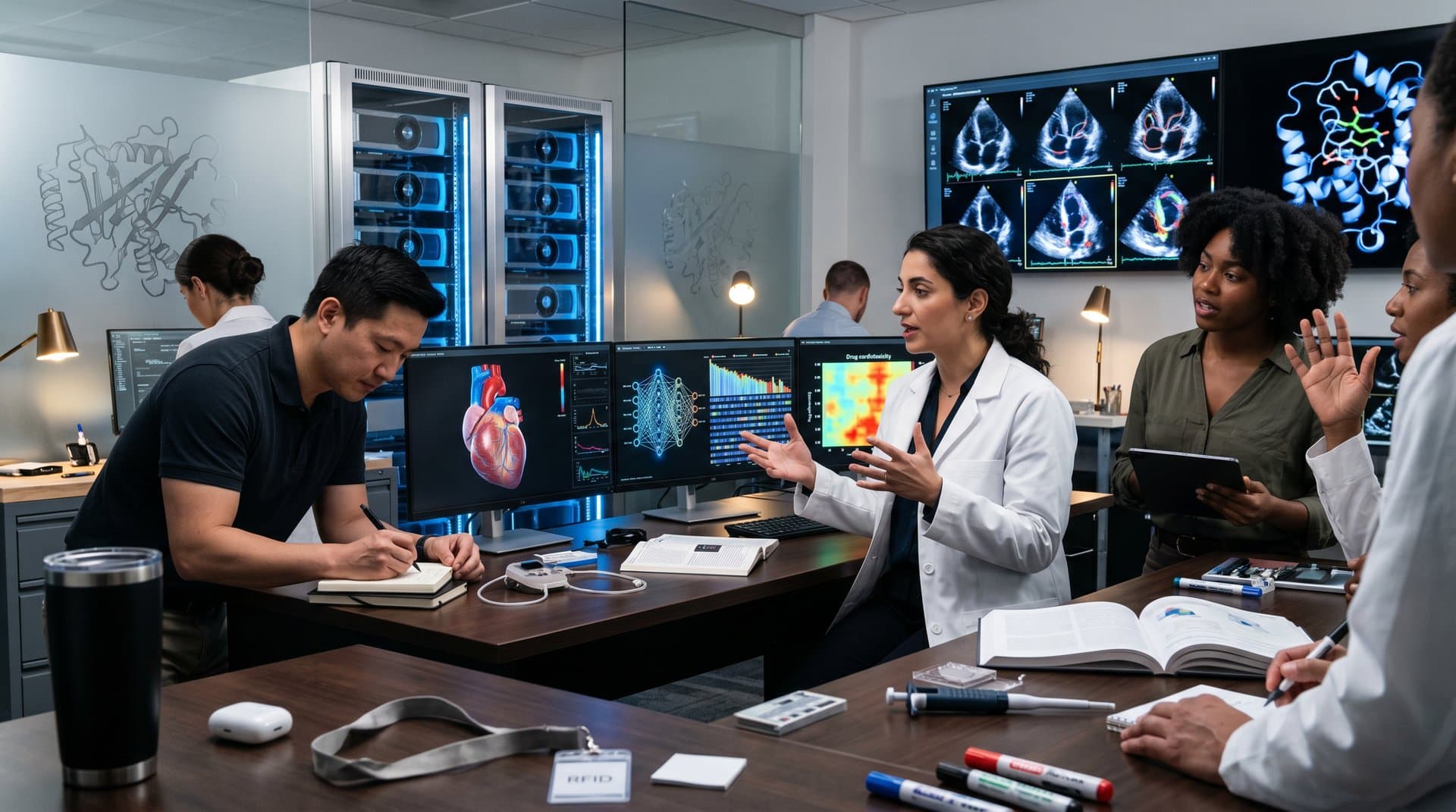 Modern lab with multi-screen displays of AI-analyzed 3D hearts, neural networks, and cardiotoxicity data amid sleek tech furnishings