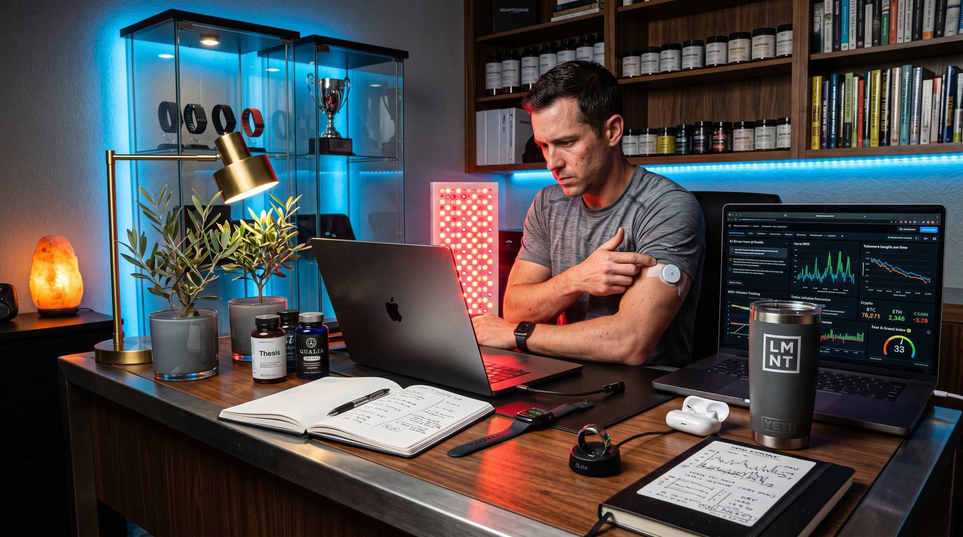 Biohacking workstation with AI mental health chatbot screen, longevity metrics, crypto charts, and wellness devices in modern office