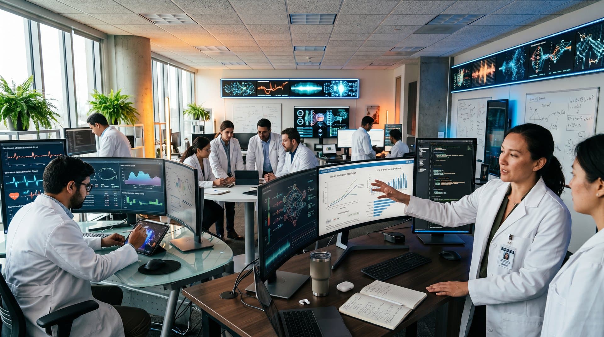 Researchers in modern AI lab review mental health chatbot data, wearables, and longevity metrics on glowing multiscreen setups