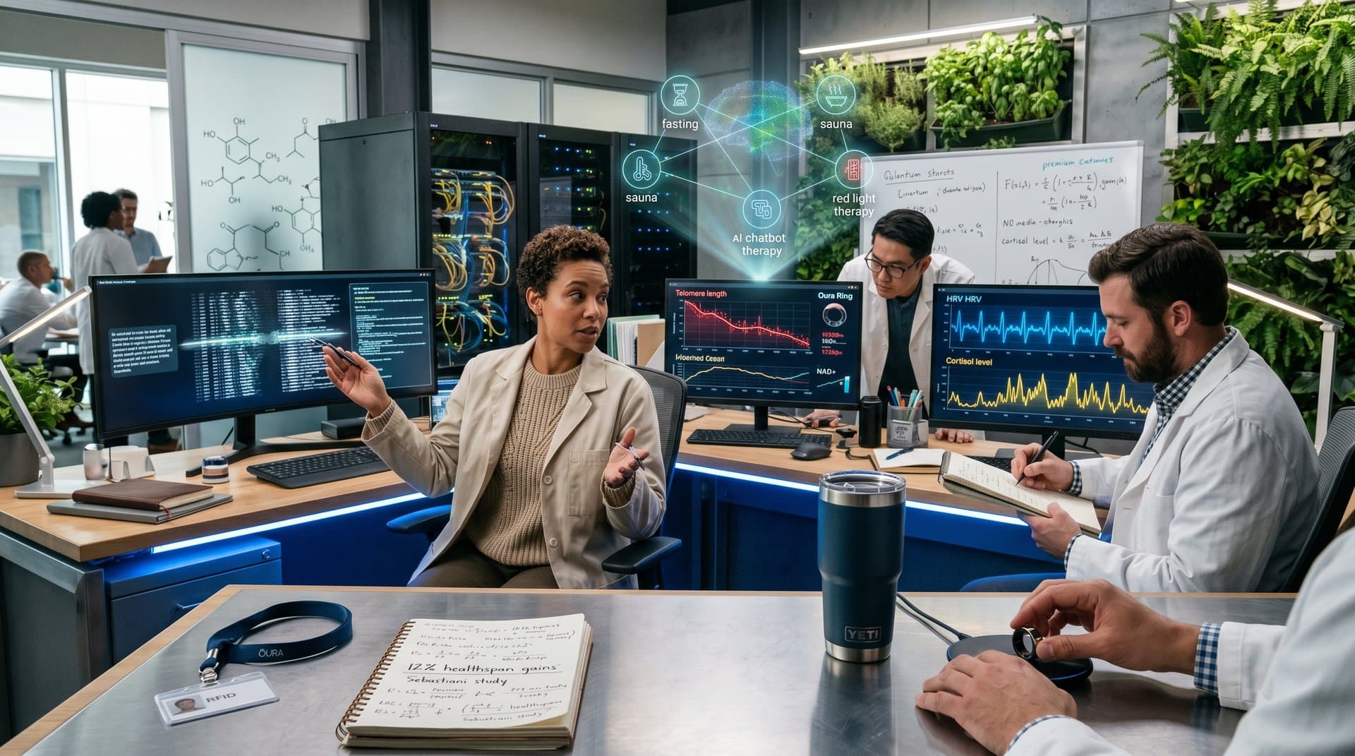 AI lab team analyzes mental health chatbot data with biohacking overlays on screens amid tech research environment