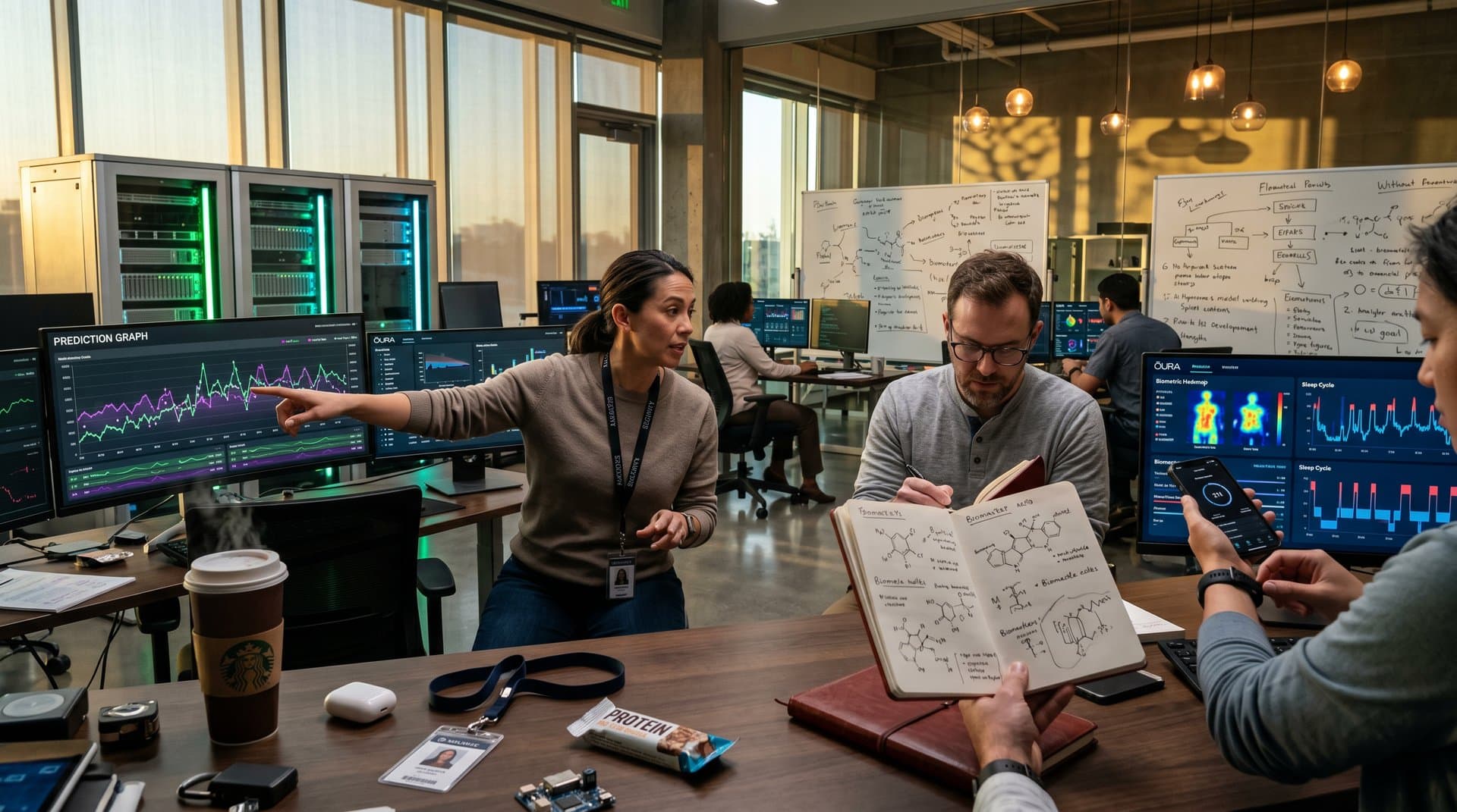 AI lab screens show HRV data, sleep heatmaps, and longevity curves amid wearables and server racks