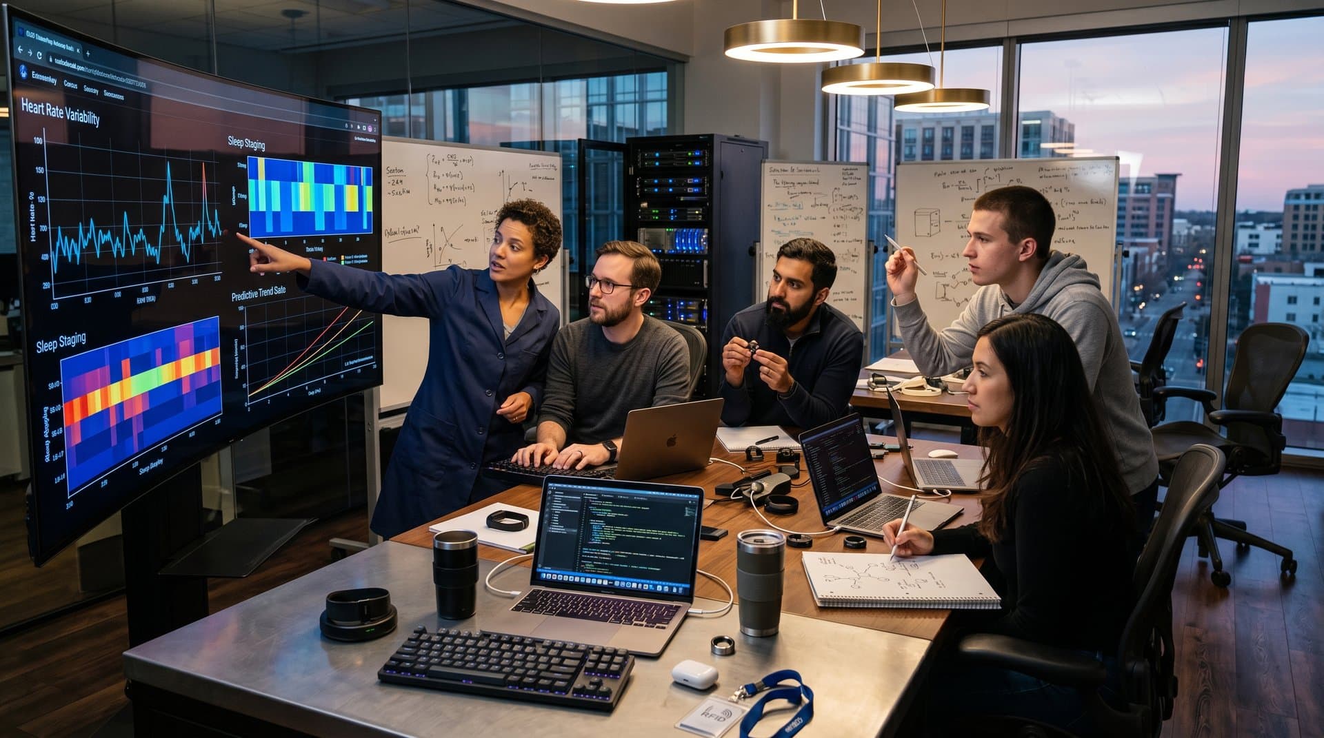 AI health lab with wearable data visualizations and tech collaboration