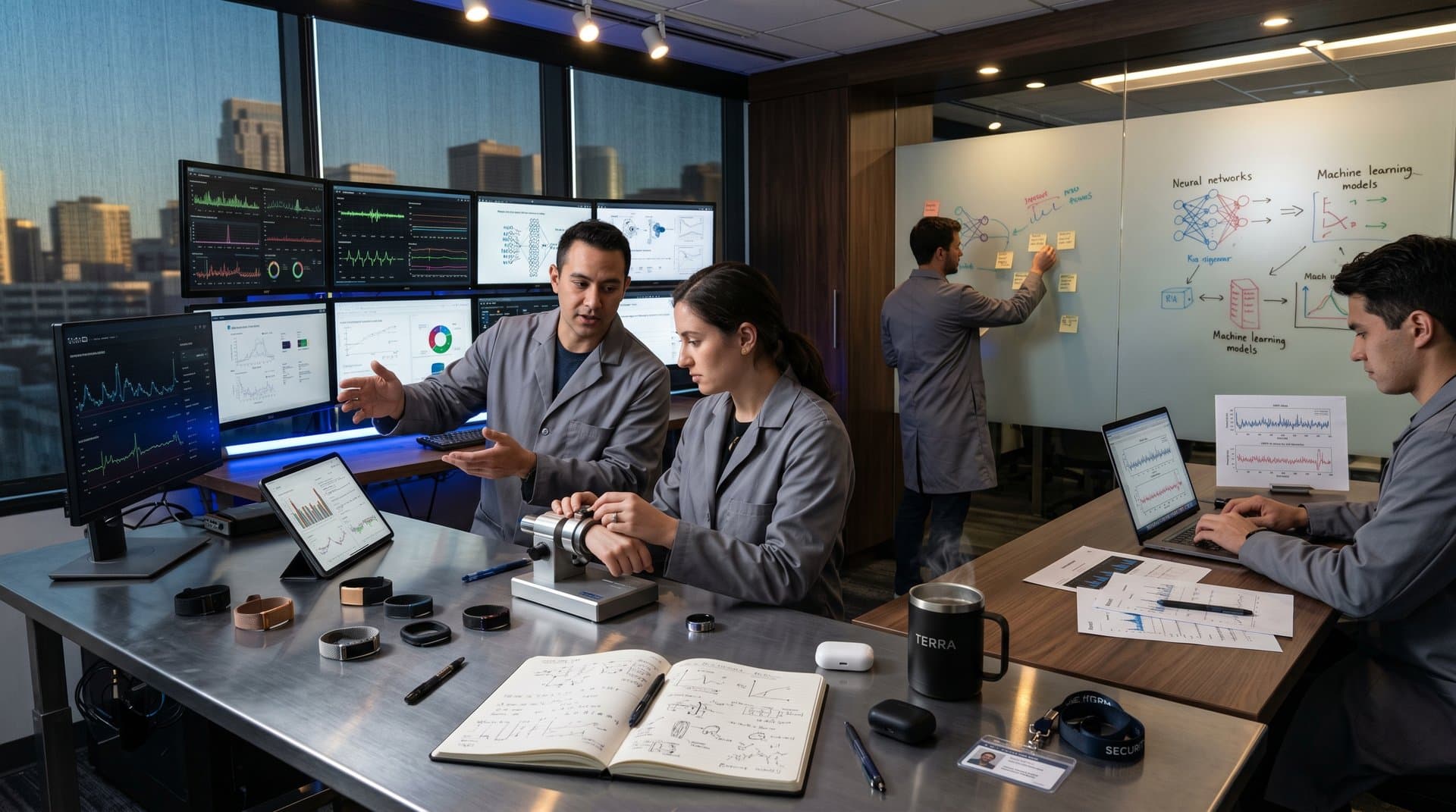 Modern AI lab with wearables, HRV graphs, and monitors displaying health data visualizations for longevity in sleek workspace