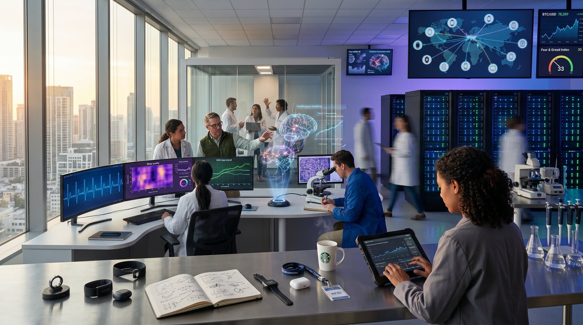 AI-driven wearable health data visualizations including HRV waveforms and VO2 max trends in a futuristic tech lab