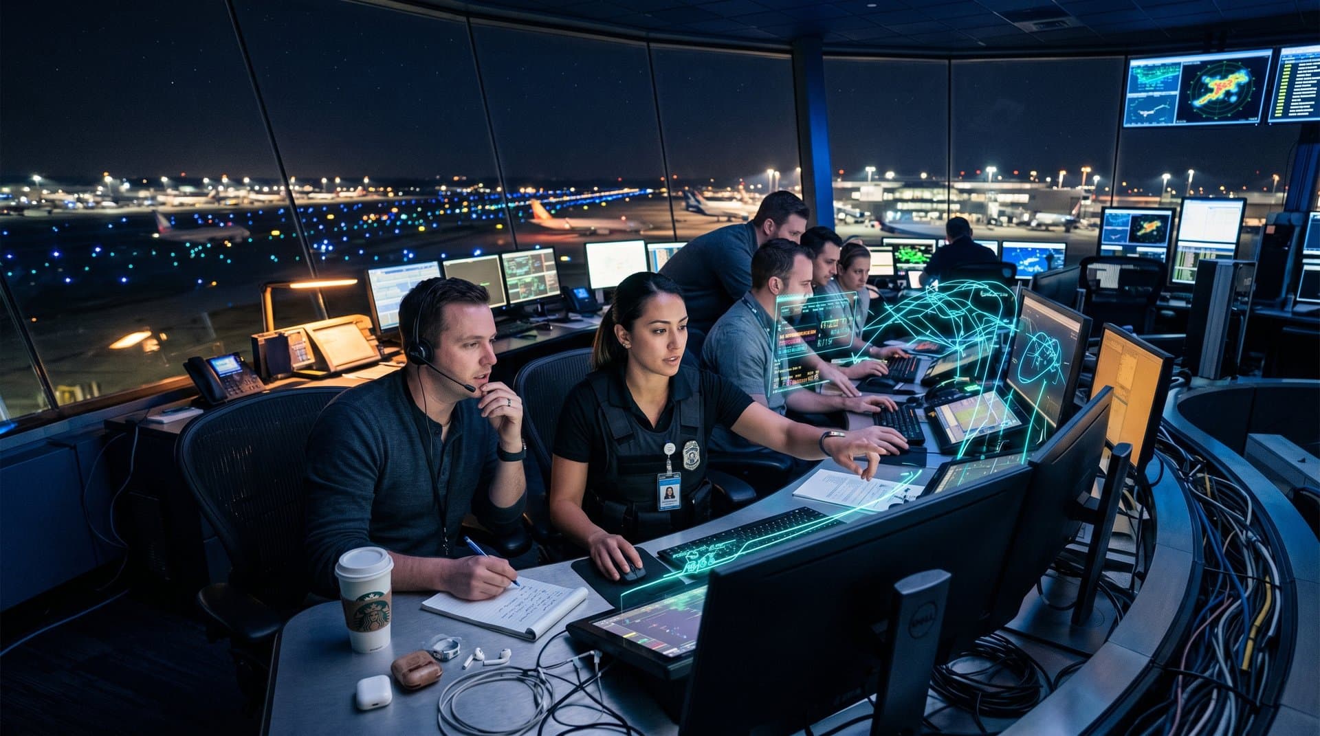 Futuristic air traffic control center with AI holograms optimizing flight paths and reducing controller stress