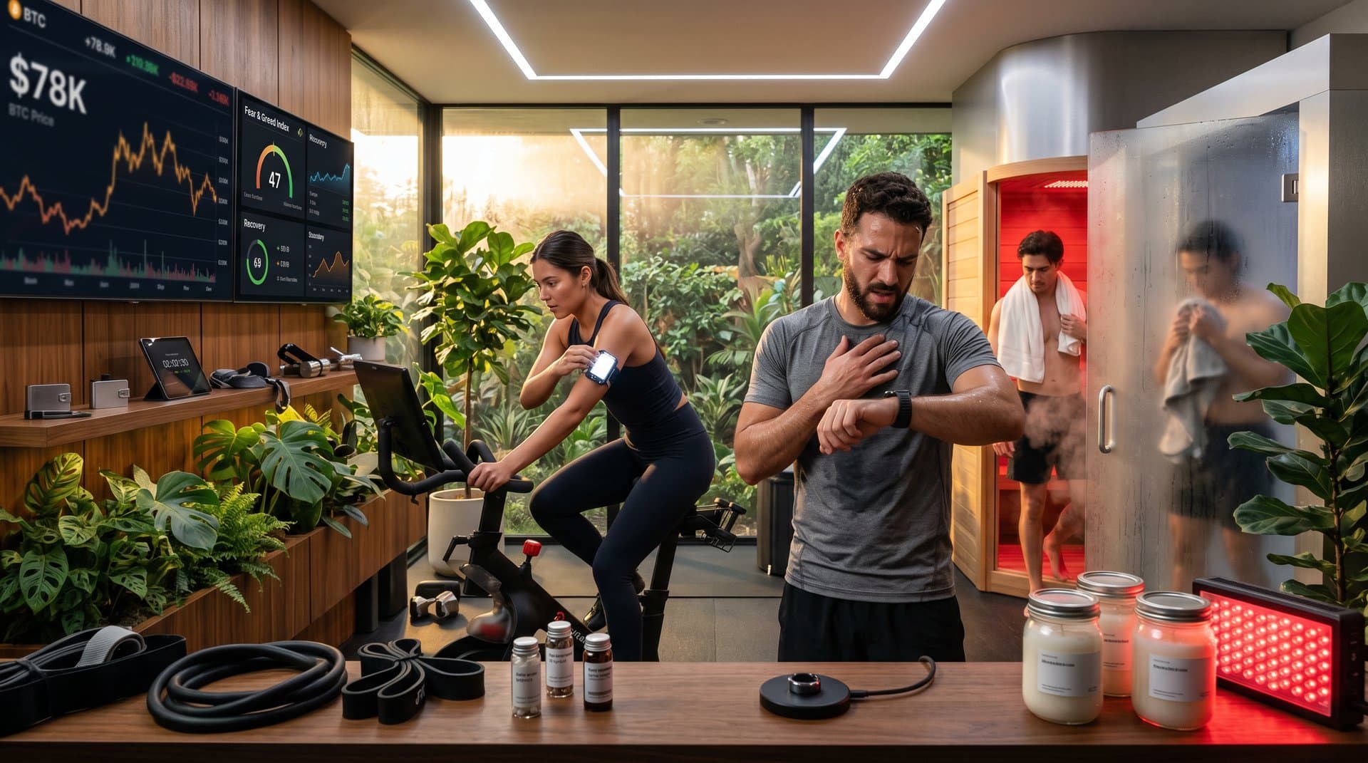Gen Z biohackers train with cold plunge, sauna, crypto charts, and longevity trackers in modern home gym