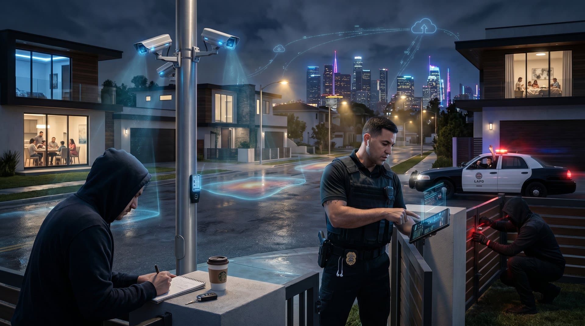 AI crime cameras scanning San Fernando Valley streets with heatmap overlays at night