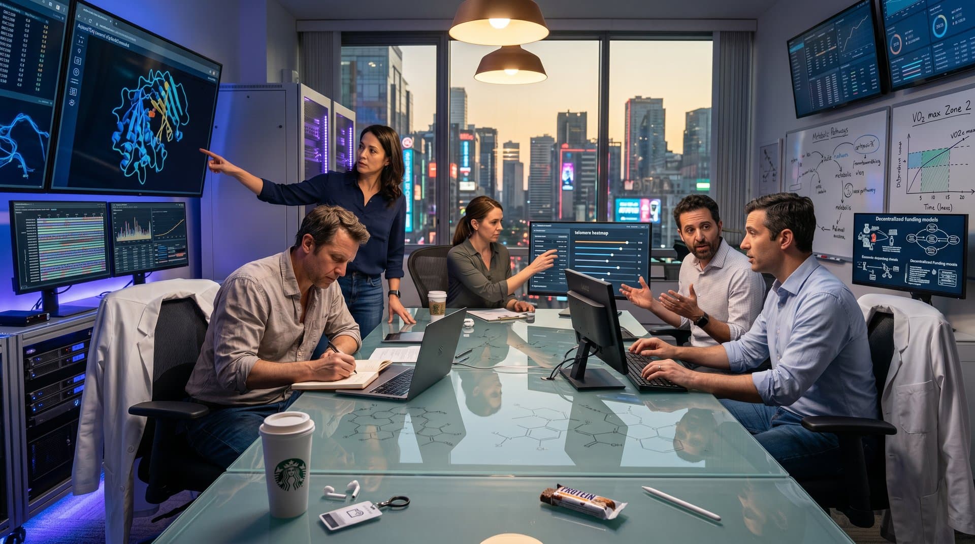 Scientists collaborate on AI-driven longevity research in a high-tech lab with protein models and data visualizations