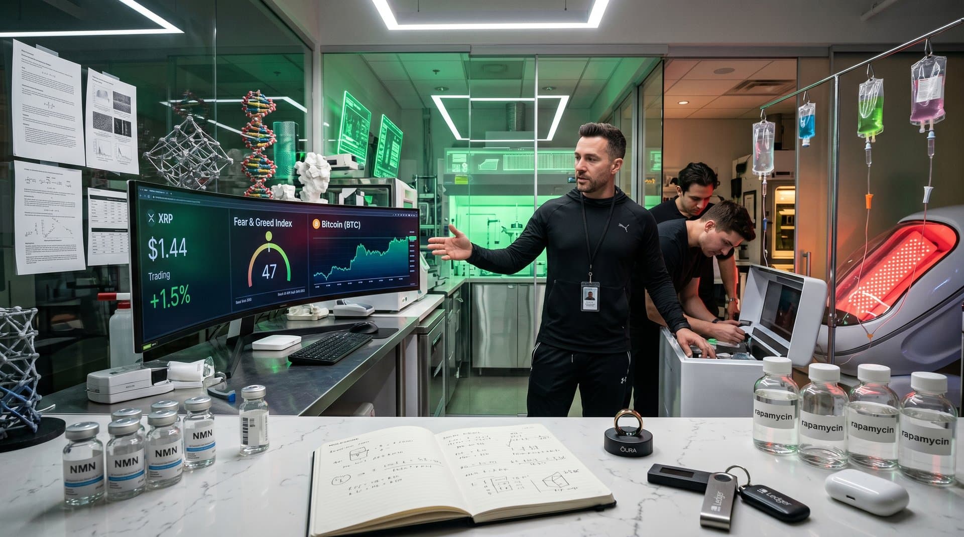 Biohacker analyzes XRP cryptocurrency $1.44 charts, Fear & Greed 47, longevity protocols in tech lab