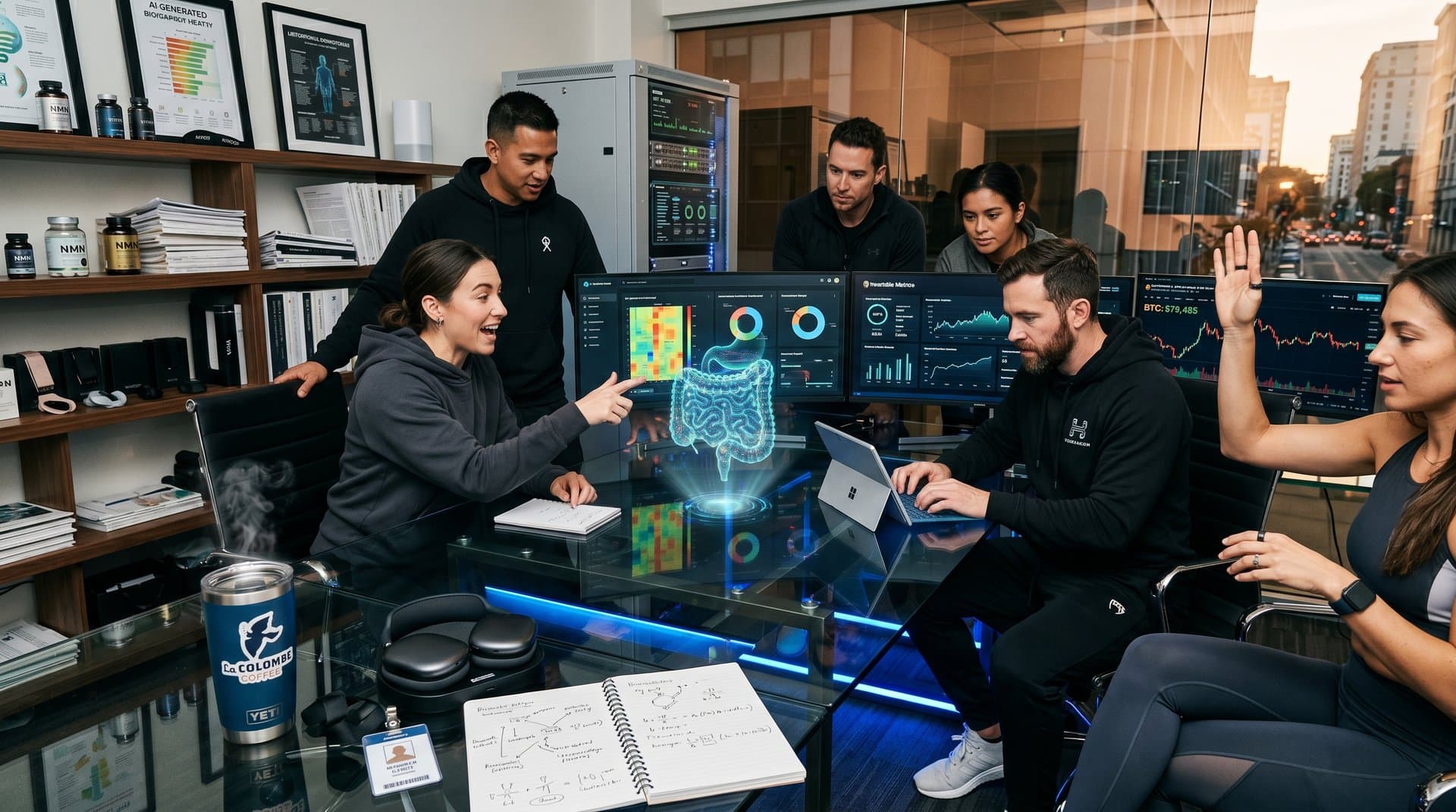 AI biohacking startup team at desks with nutrition dashboards, biomarker viz, crypto charts, and wellness gear in innovative office