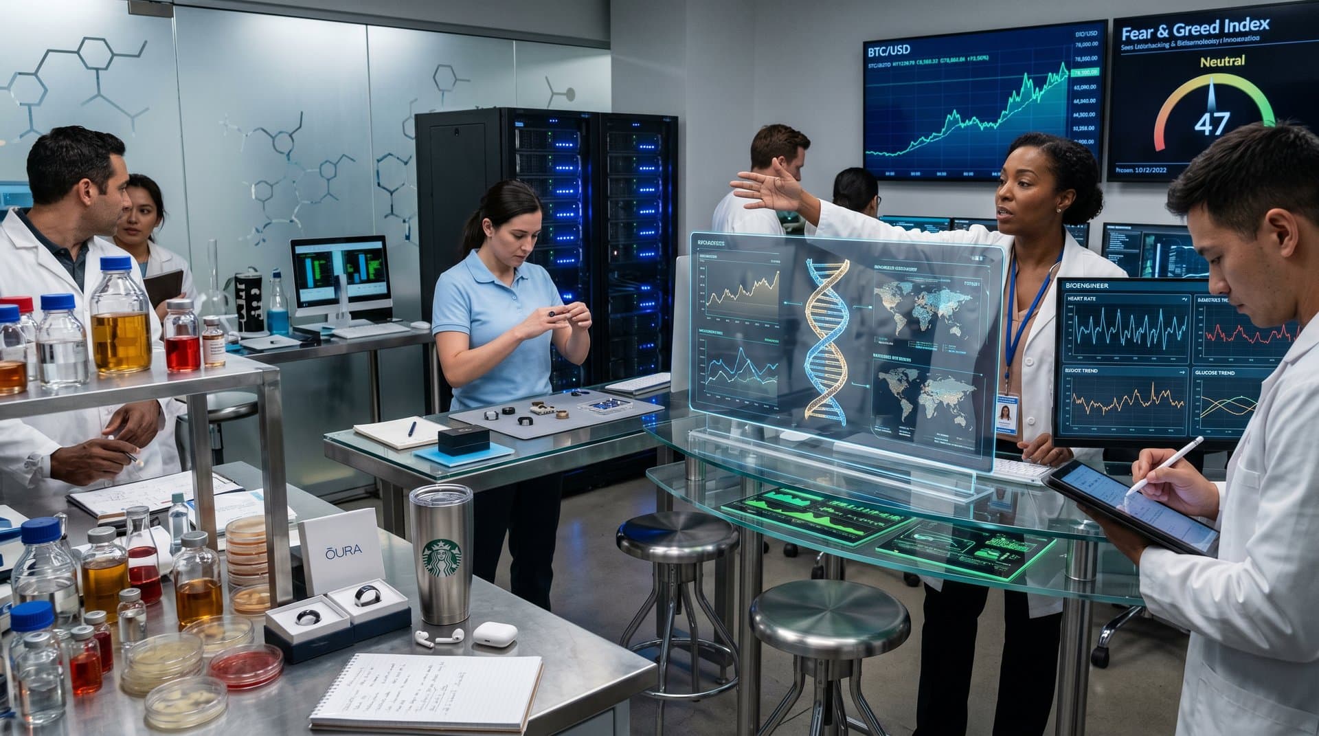 AI biohacking lab displays genomic data, biomarkers, and neural networks for longevity analysis amid high-tech servers