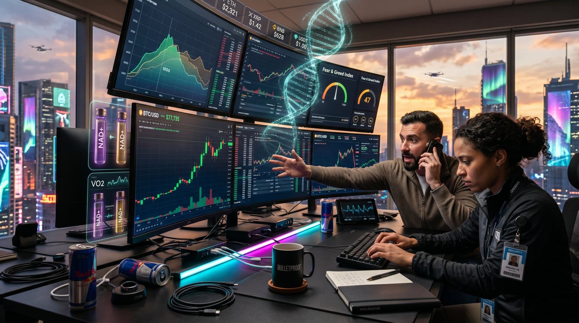 Trading screens display BTC $77K, Fear & Greed 47, crypto biohacking fitness metrics