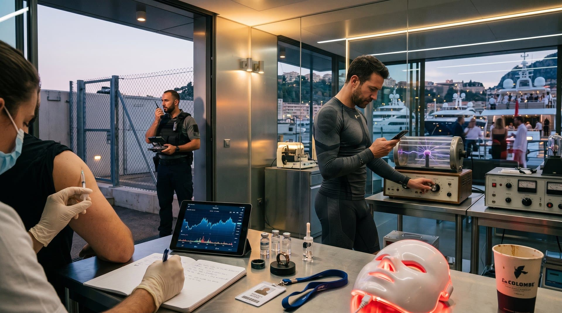 Secure biohacking clinic on French Riviera with crypto price screens at $77K BTC amid kidnapping threats