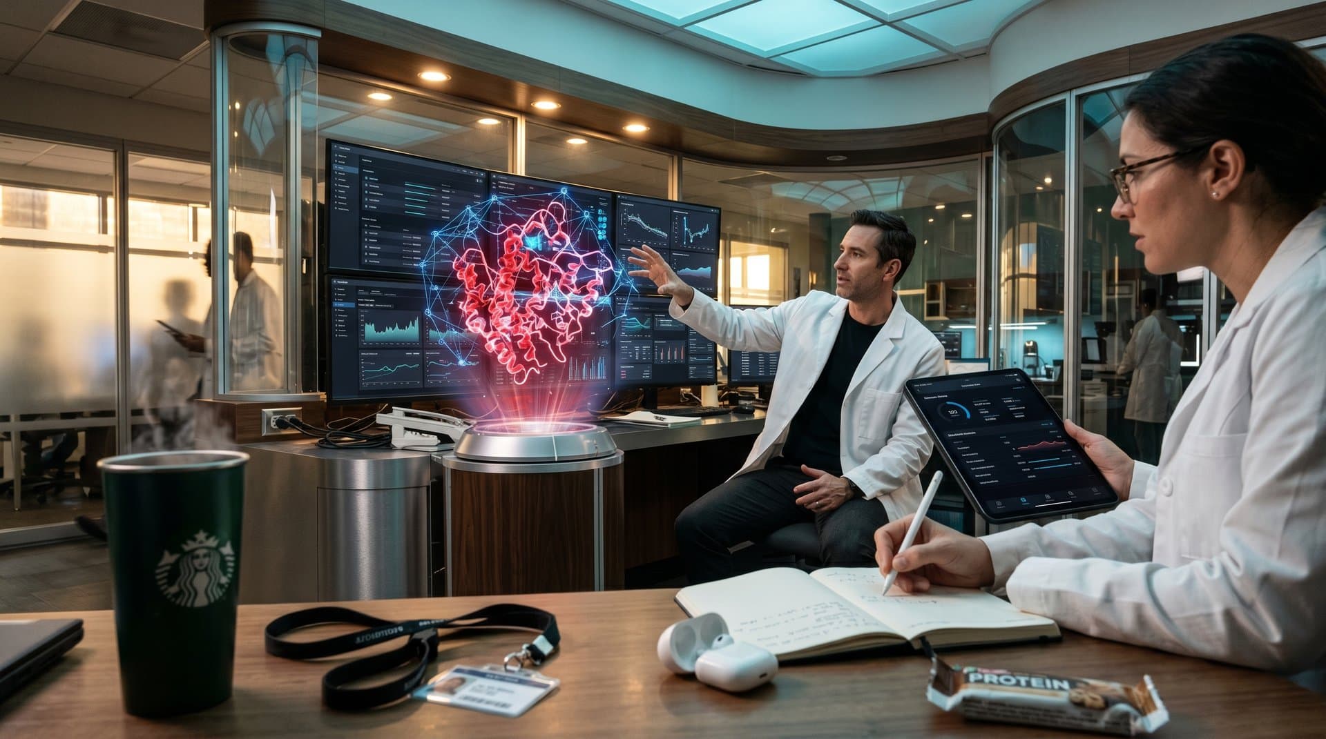 Abstract AI visualization of longevity biomarkers and protein structures in a high-tech interface