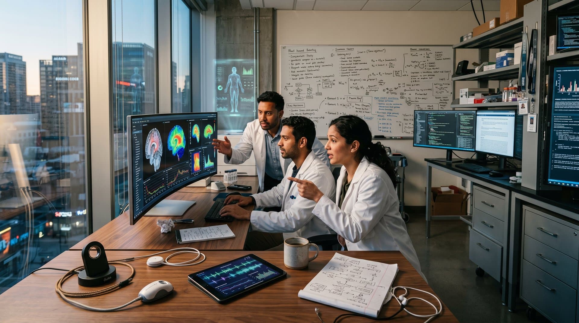 Scientists in longevity lab analyze AI brain scans and health data on monitors with city view
