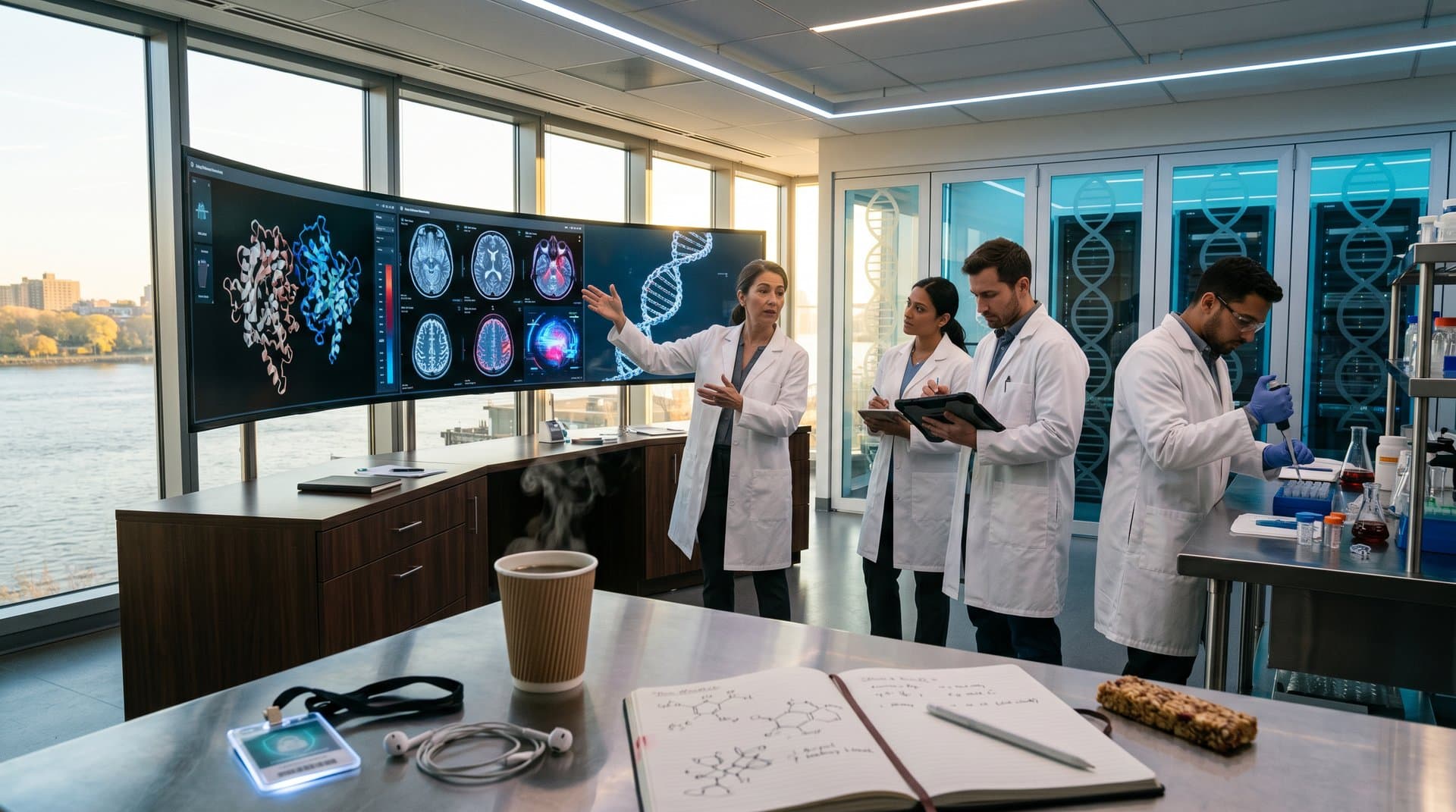 High-tech lab displaying AI diagnostics, protein models, and neural graphs on glowing screens.