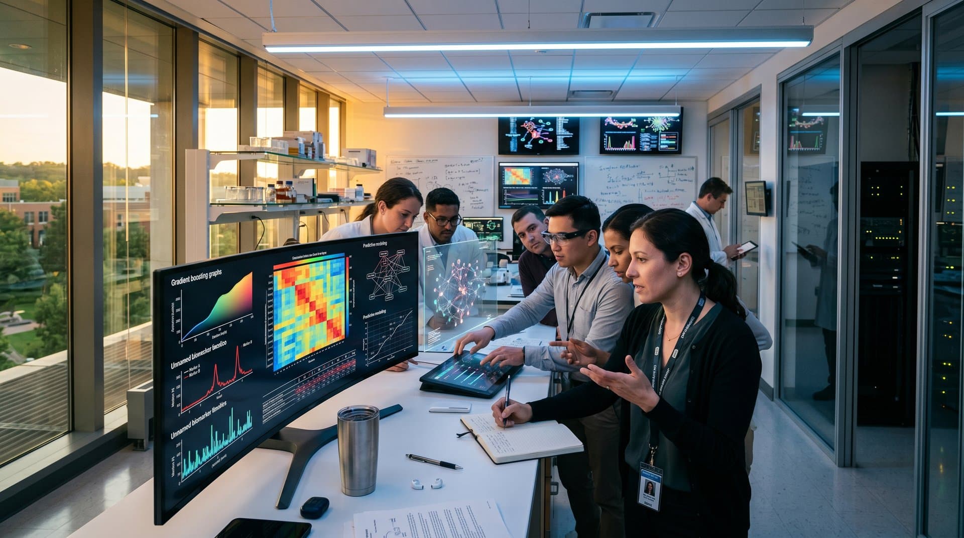 NIH lab team reviews AI-driven EHR analyses and IPV risk predictions on advanced monitors amid longevity biomarkers