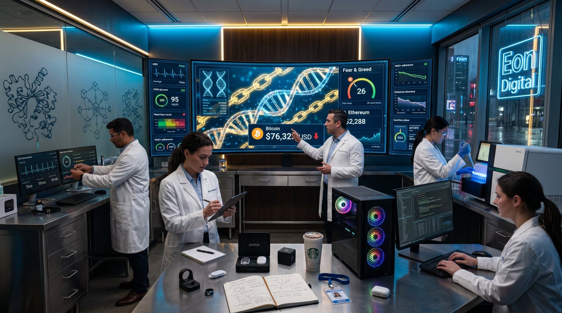 Holographic DNA and blockchain fusion on screens with crypto charts and biohacking metrics in high-tech lab