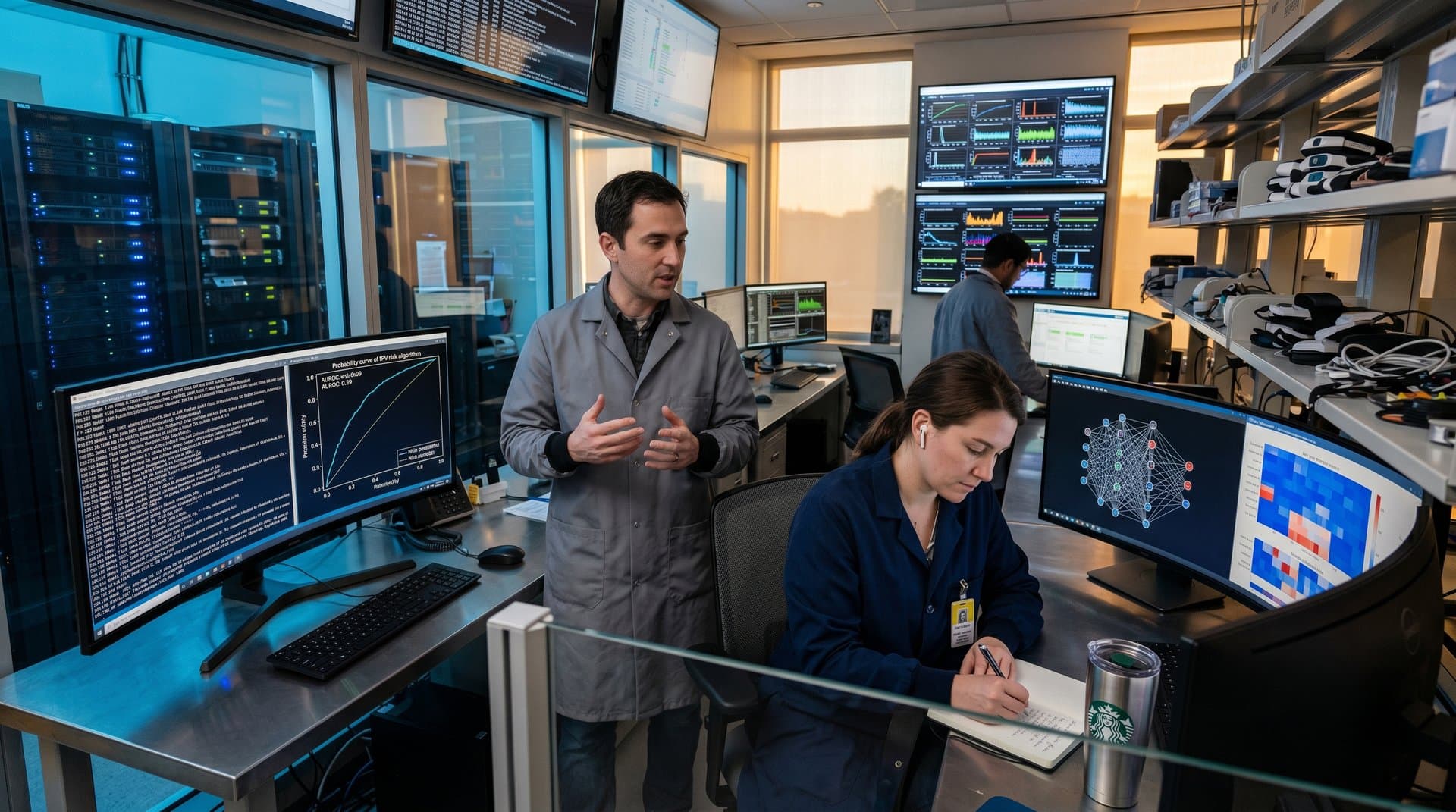 AI lab screens displaying EHR heatmaps and predictive models for IPV risk in longevity research amid high-tech servers and data visualizations