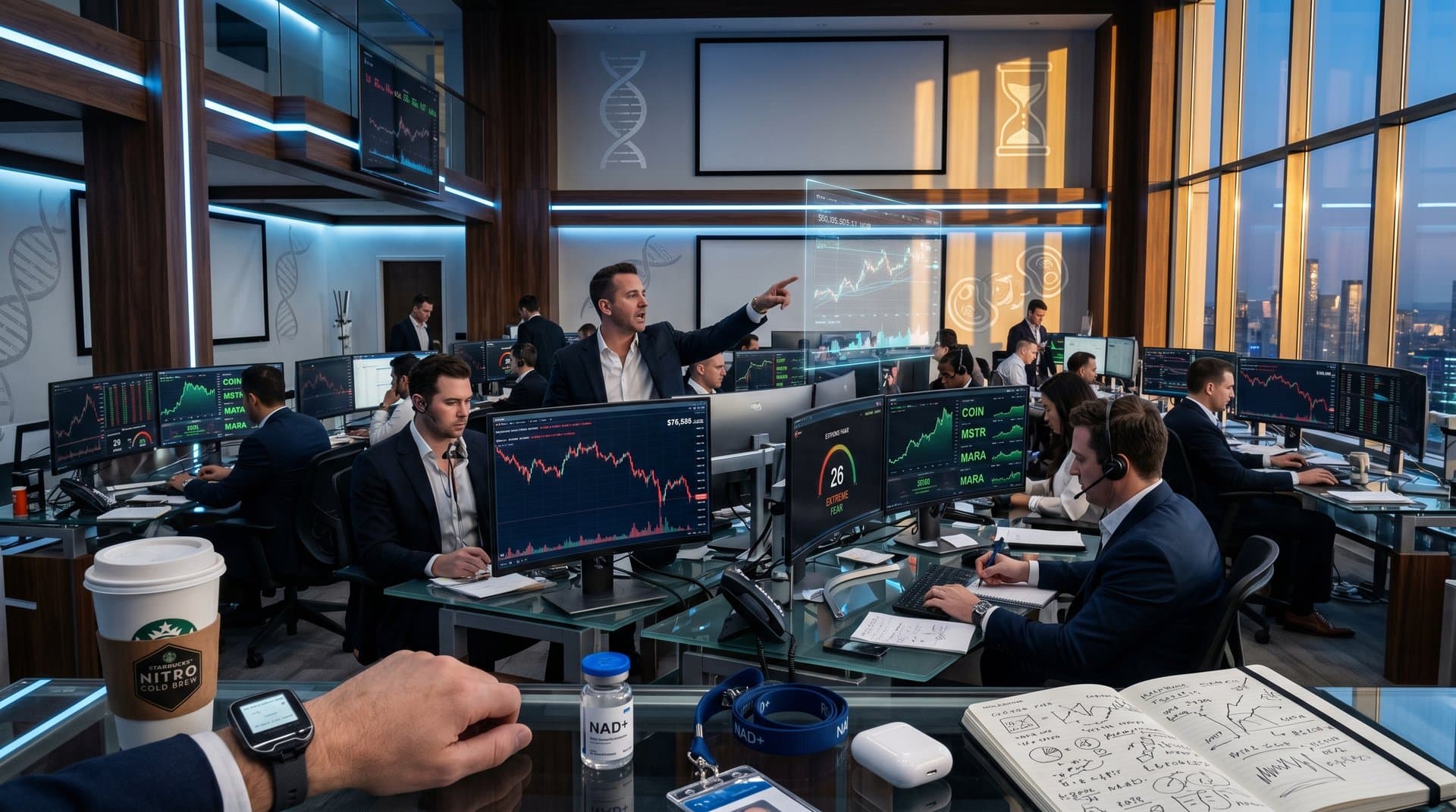 Crypto trading screens show BTC at $76K and top stocks amid biohacking gadgets on modern desk