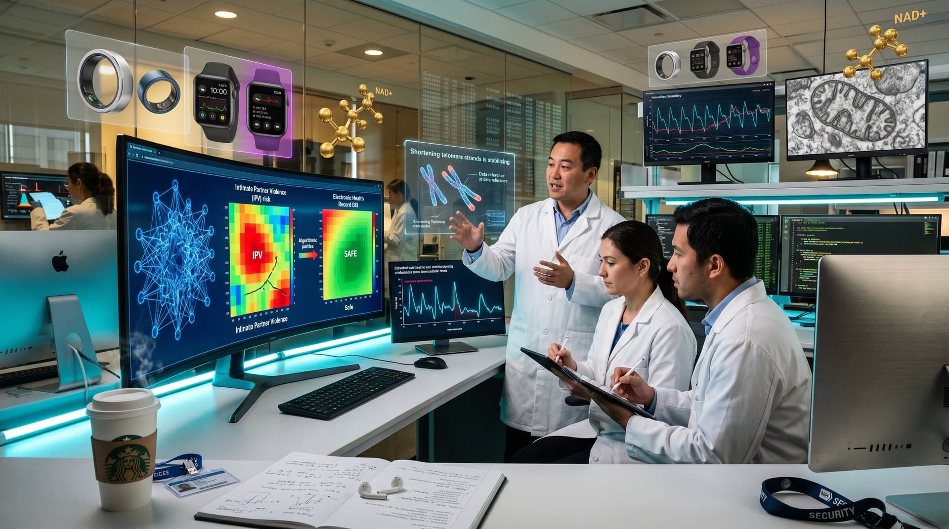 Abstract AI dashboard visualizing EHR risk heatmaps, neural networks, telomeres, and HRV in high-tech NIH lab for longevity protection
