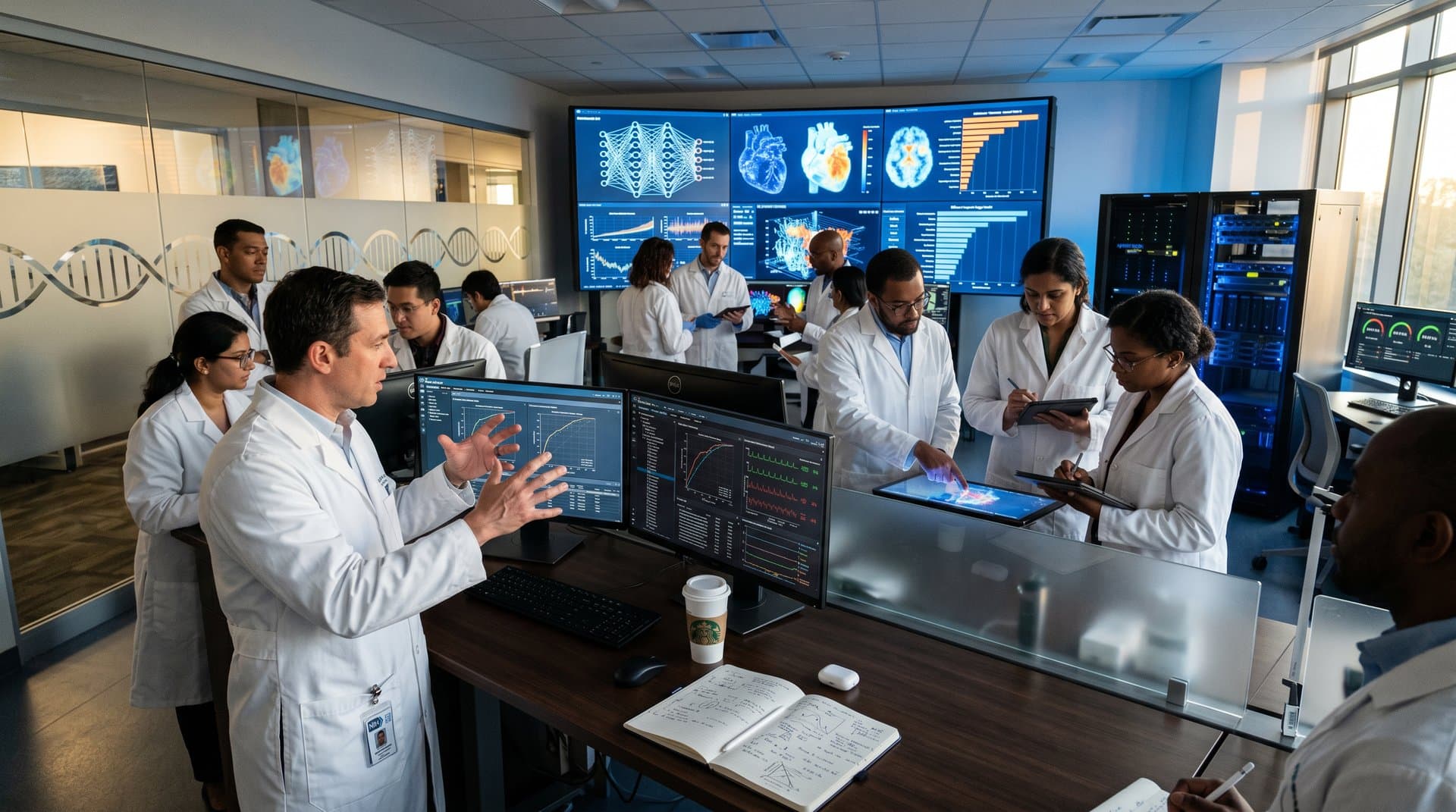 NIH researchers develop AI models for IPV risk prediction in advanced lab with data visualizations on multi-screen displays