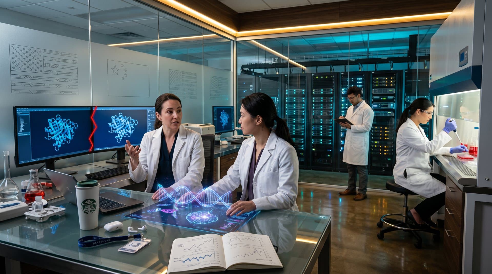 3D protein folding AI models on screens divided by digital wall with US-China circuit flags, holographic DNA, wearables, and server racks in biotech lab