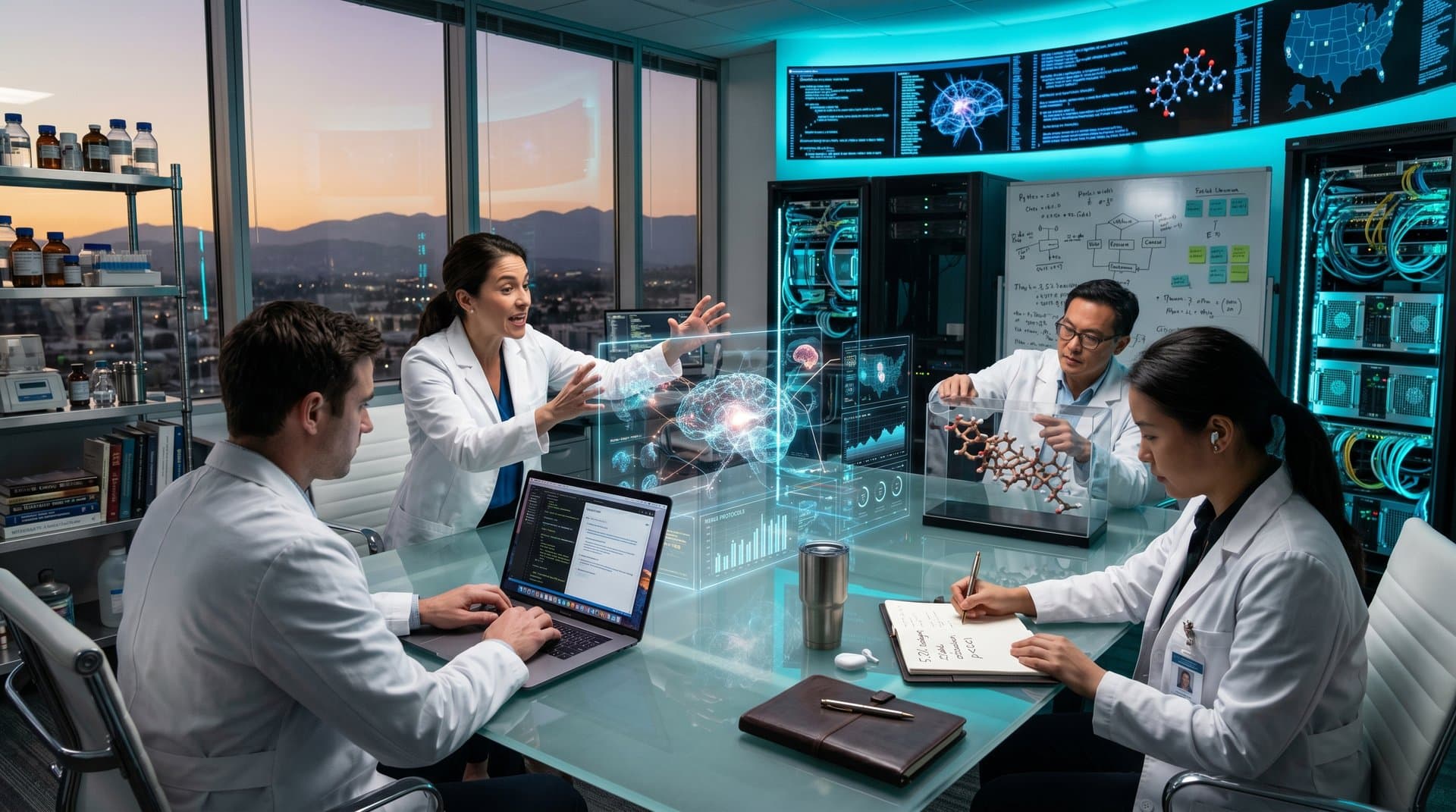 AI healthcare researchers collaborate on prescription models in modern lab with monitors and projections