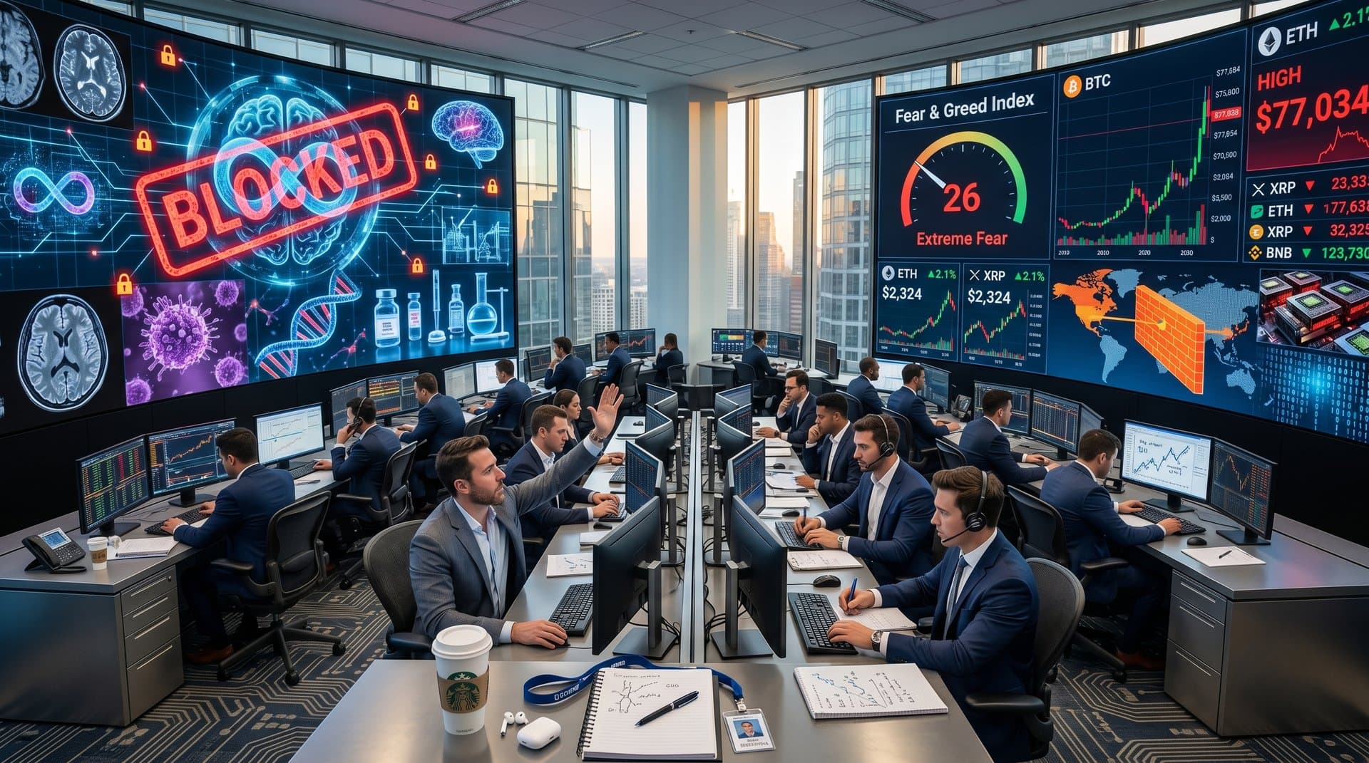 Blocked Meta-Manus AI deal illustration with Fear 26 index, BTC charts, and cognitive brain models