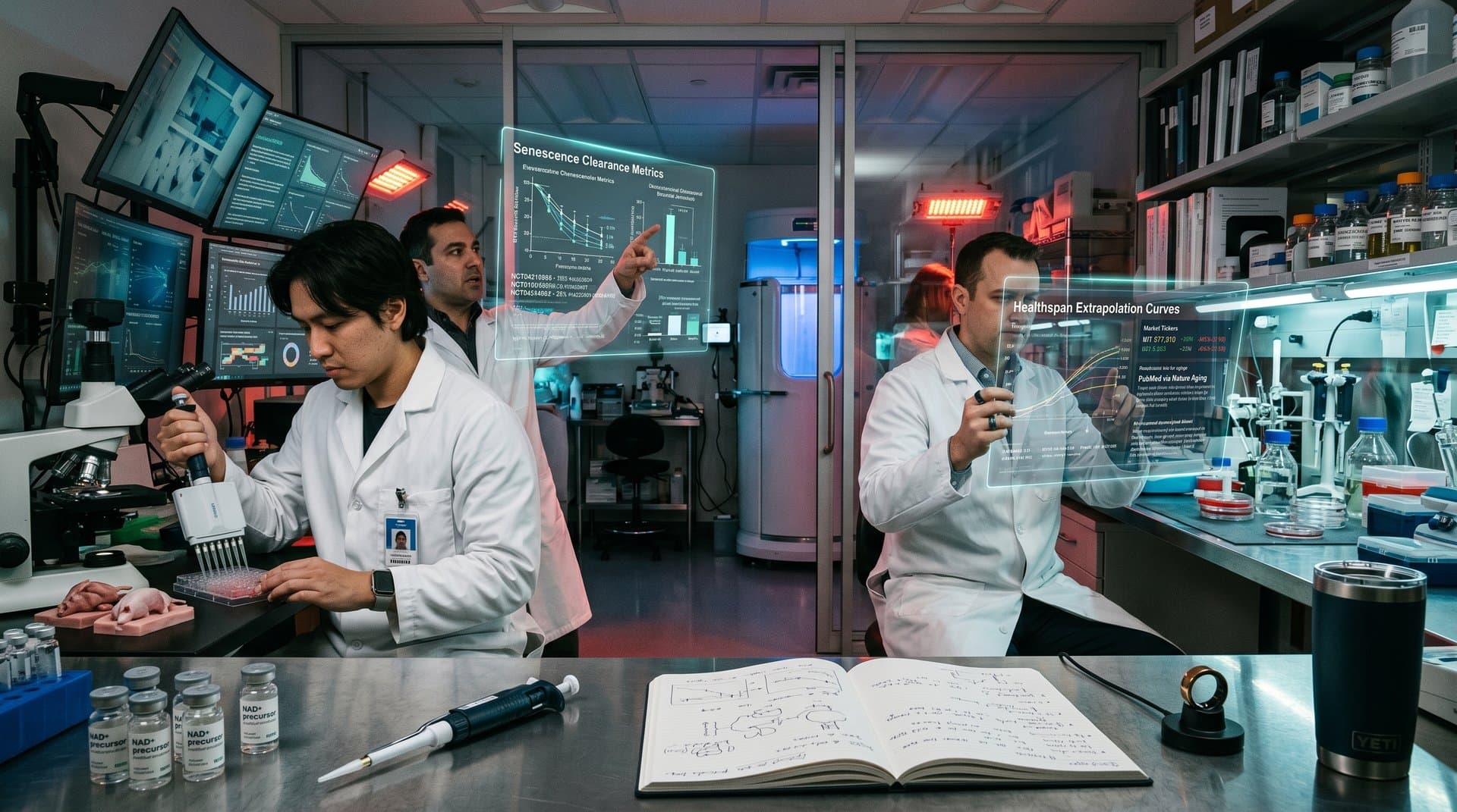 Longevity lab with AI hiring interfaces displaying resumes and healthspan data amid lab equipment