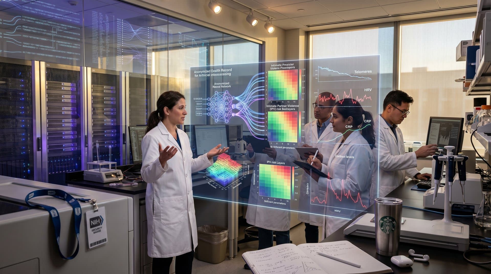 Abstract AI neural networks analyzing health records for IPV risk predictions in a futuristic lab setting